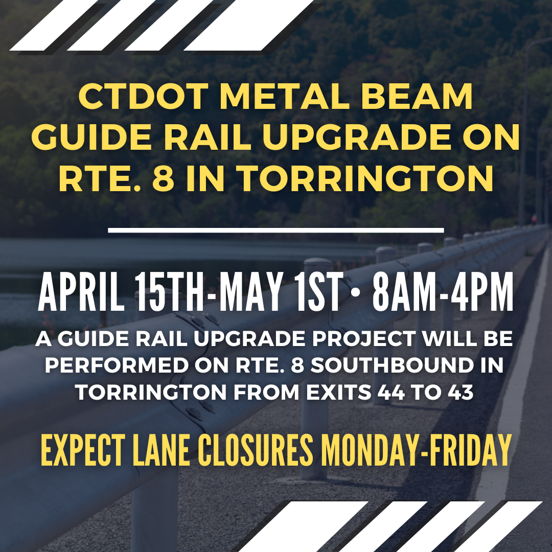 The CT Department of Transportation has announced a guide rail upgrade project on Rte. 8 Southbound in Torrington from Exits 44 to 43 starting Monday, April 15.
