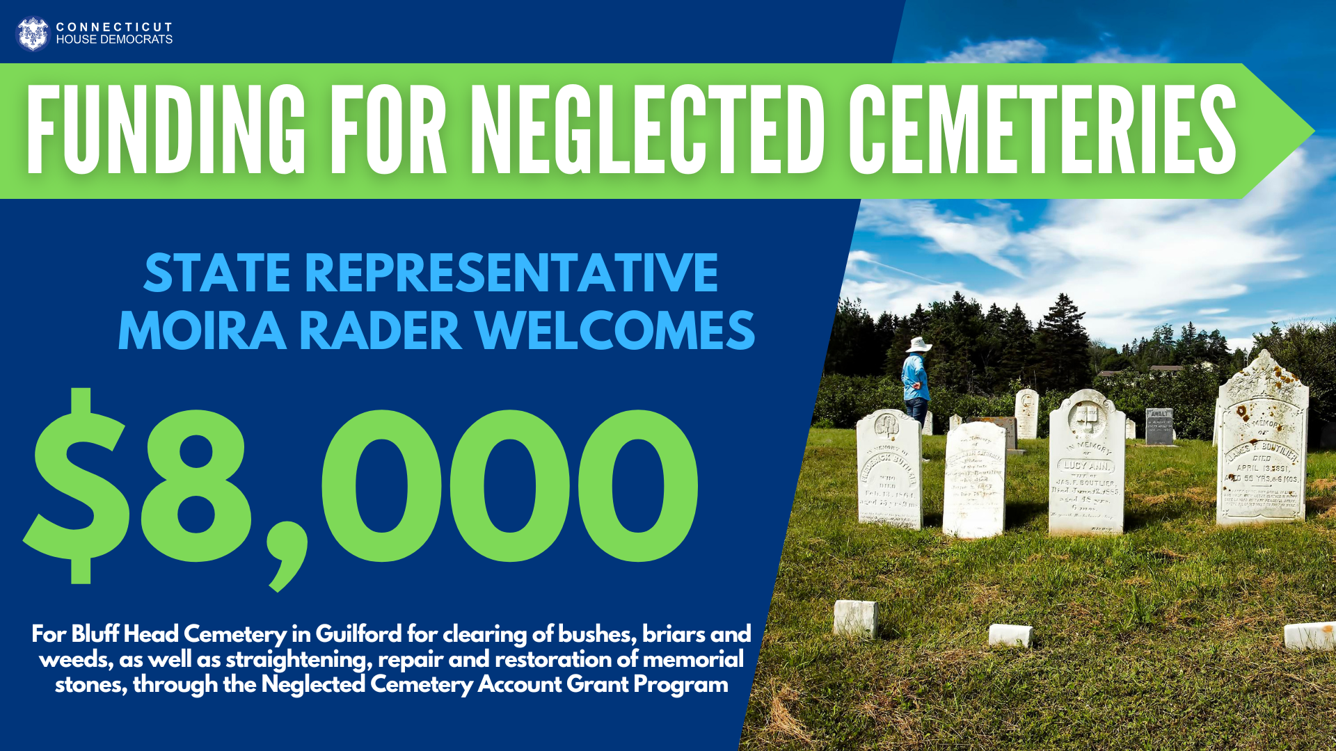 Guilford received $8,000 for maintenance work and headstone repairs at Bluff Head Cemetery.