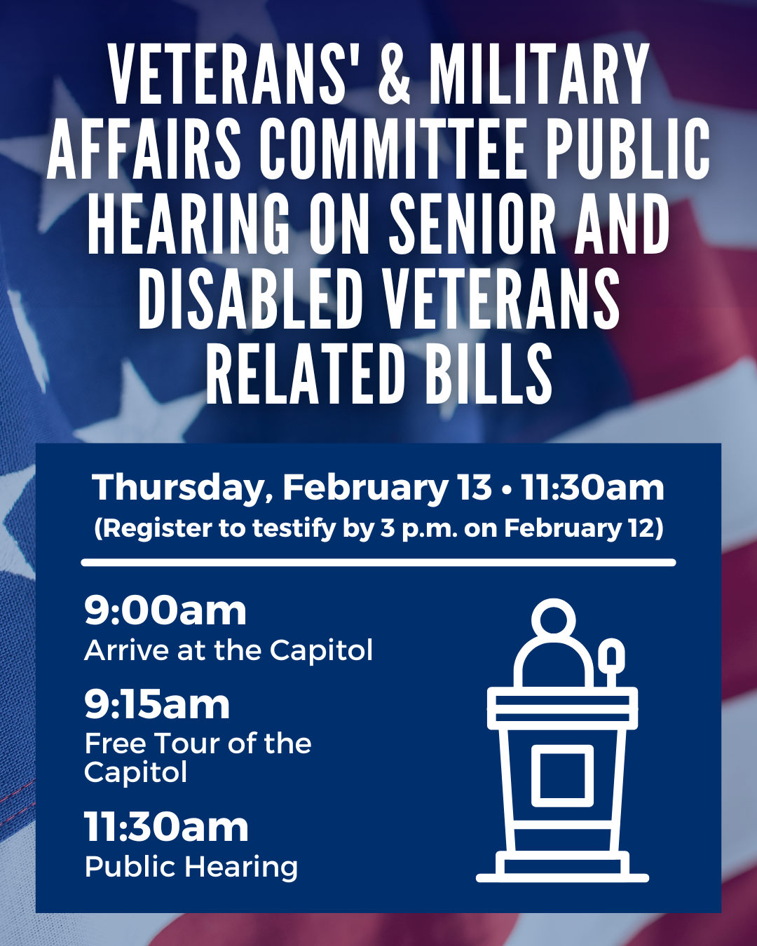 Veterans' Committee public hearing is planned for February 13 in Hartford and on Zoom/YouTube