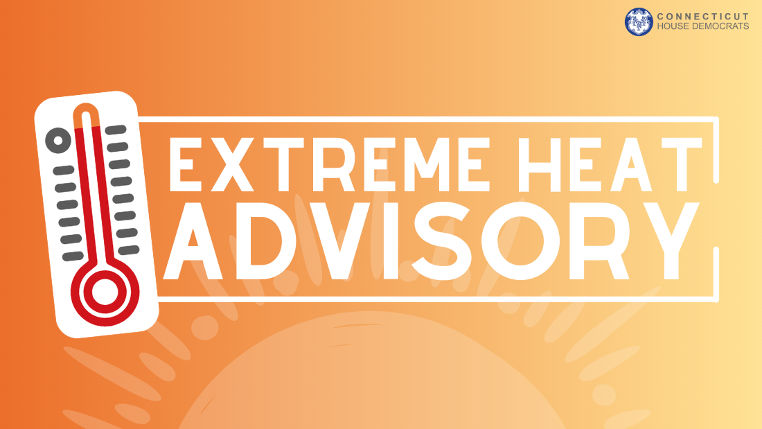 A graphic with the phrase, "Extreme Heat Advisory" in large white lettering in the center. There is a white, red, and grey thermometer to the right of the phrase. The phrase is surrounded by a white square outline. There is an illustration of a sun in the lower half of the graphic. The background is a gradient that shifts left to right from orange to light yellow.