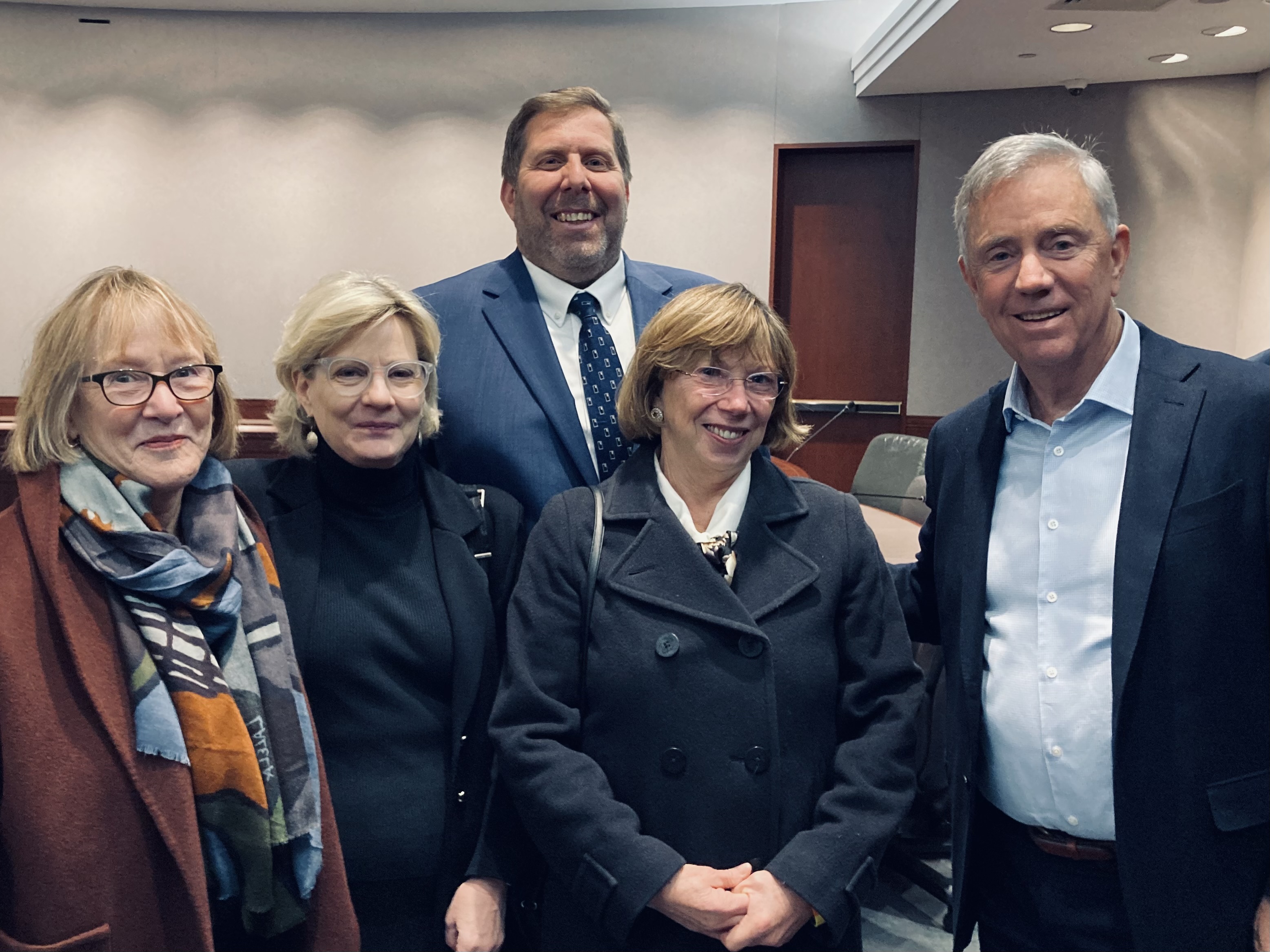 Marijean Conrad, Margaret Adams, Tom Piezzo, and Lynne Cooper with Governor Lamont on December 15.