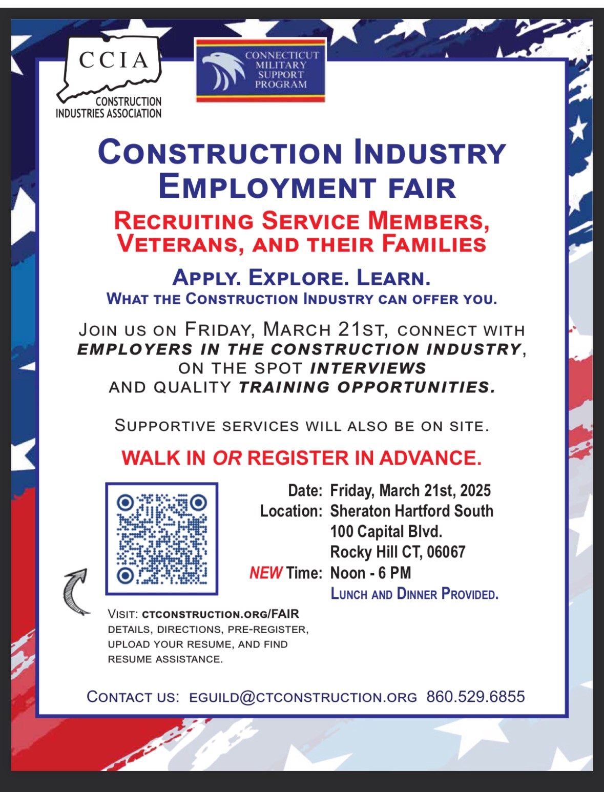 A Construction Industry Employment Fair is planned in Rocky Hill. Recruiting service members, veterans, & their families.