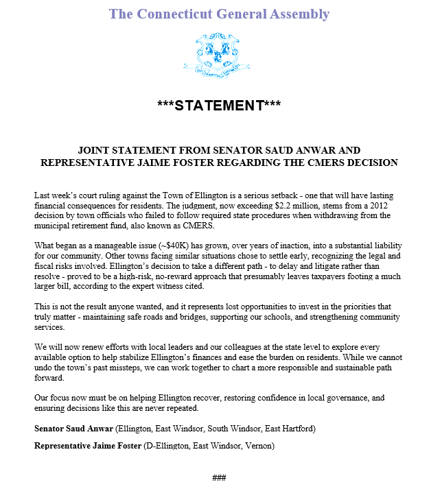Statement by State Senator Saud Anwar and State Representative Jaime Foster regarding the CMERS decision.