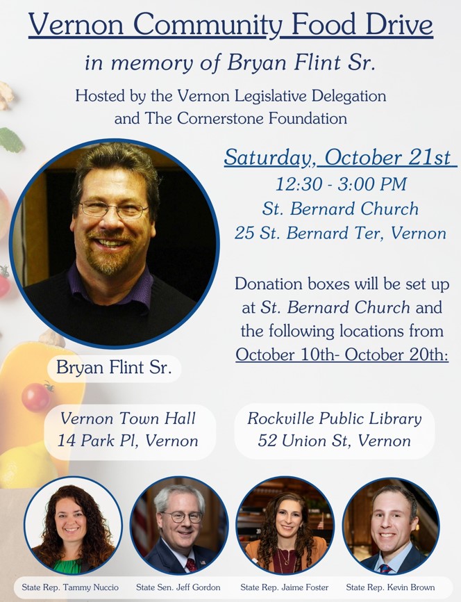 A food drive in memory of Bryan Flint Sr. will be held on October 21, as well as drop-off locations around Vernon until October 20.