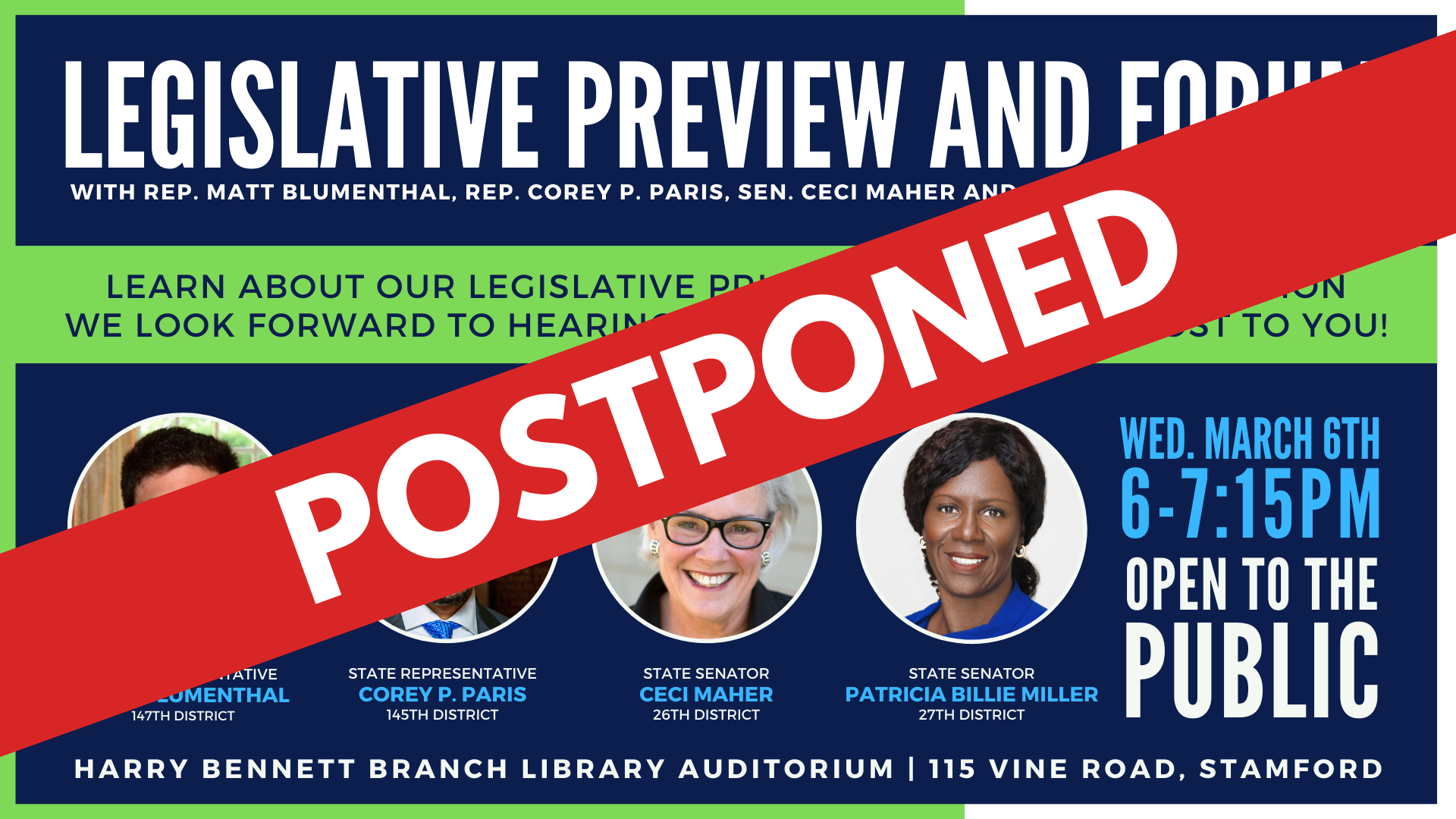 The legislative preview and forum scheduled for March 6 has been postponed to a later date (yet to be determined).