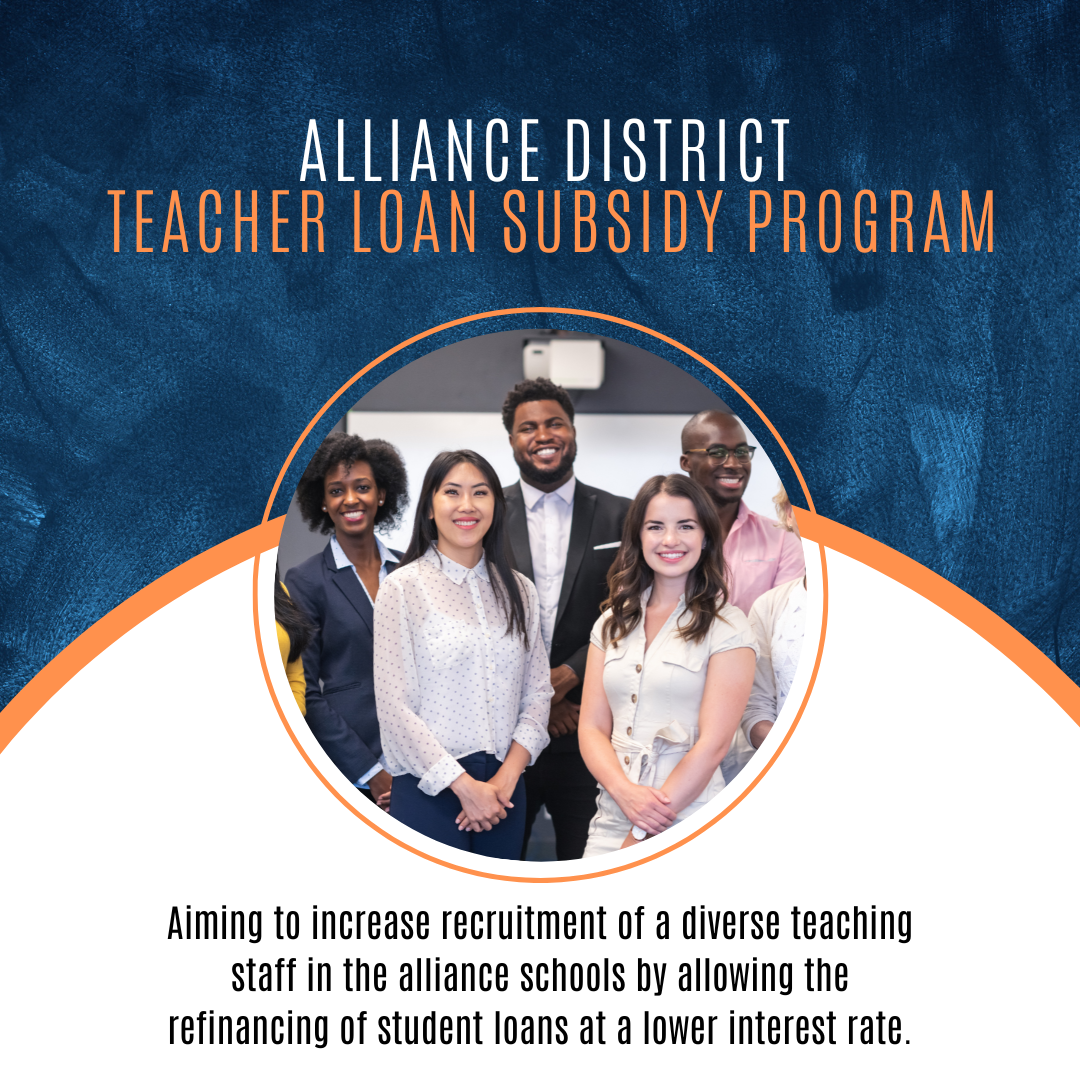A graphic with text that reads, "Alliance District Teacher Loan Subsidy Program" above an image in a circular frame depicting five teachers in professional attire. Below the photo is black text that reads, "Aiming to increase recruitment of a diverse teaching staff in the alliance schools by allowing the refinancing of student loans at a lower interest rate." The top half of the graphic is navy blue and the bottom half is white. There is an orange half crescent dividing the halves.