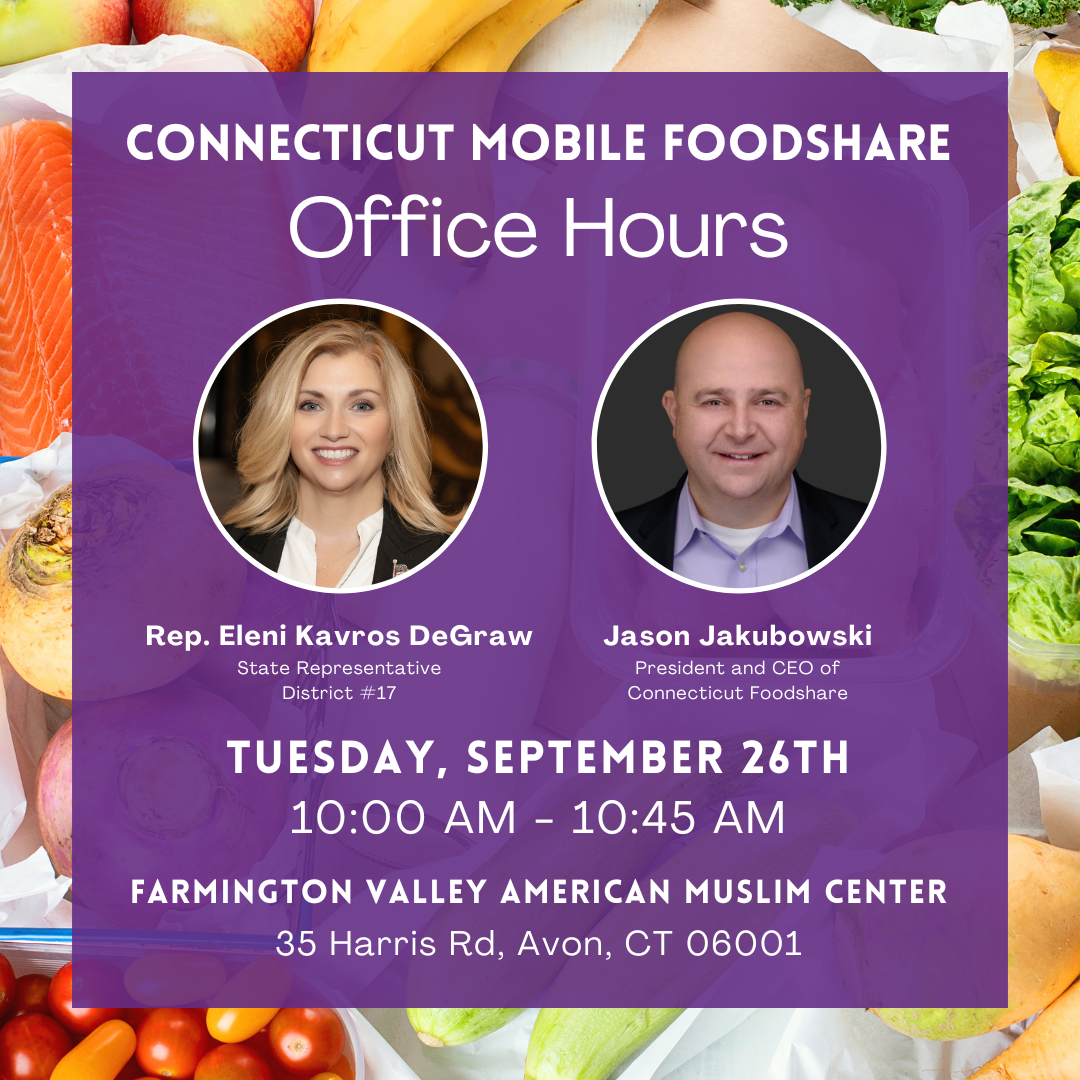 Visit me for office hours on September 26 at the mobile Foodshare stop in Avon.