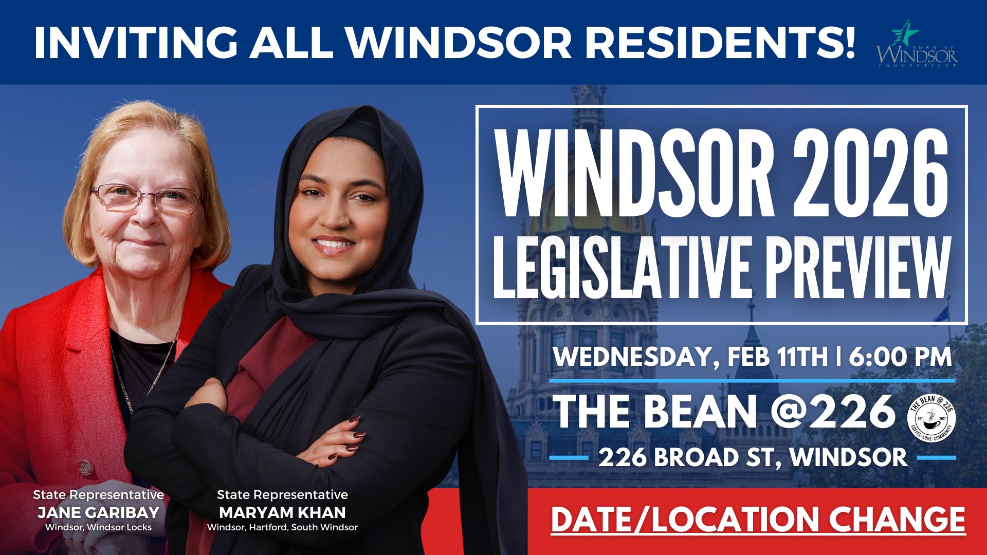 LOCATION & DATE CHANGE - February 11, 6 p.m., at The Bean @226.